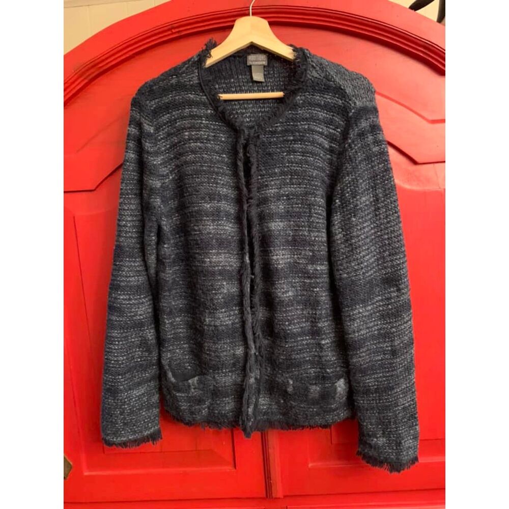 Chico's Additions 3 XL 16 Cardigan Hook Eye Closure Fringe Edges Deep Blue EUC